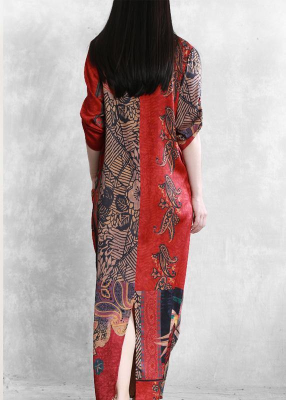 French Red Print Clothes for V Neck Patchwork Dresses