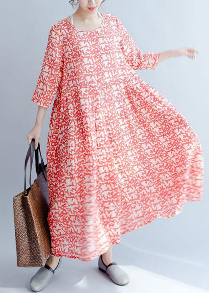 French Red Print Cotton Robes O Neck Half Sleeve Traveling Fall Dresses