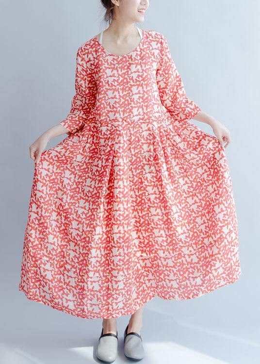 French Red Print Cotton Robes O Neck Half Sleeve Traveling Fall Dresses