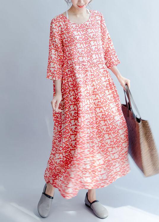 French Red Print Cotton Robes O Neck Half Sleeve Traveling Fall Dresses