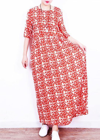 French Red Print Linen Wardrobes O Neck Cinched Art Summer Dresses