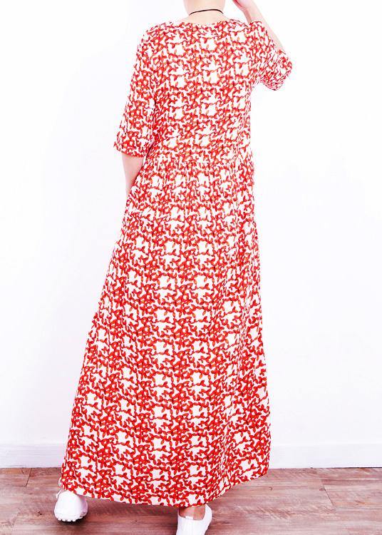 French Red Print Linen Wardrobes O Neck Cinched Art Summer Dresses