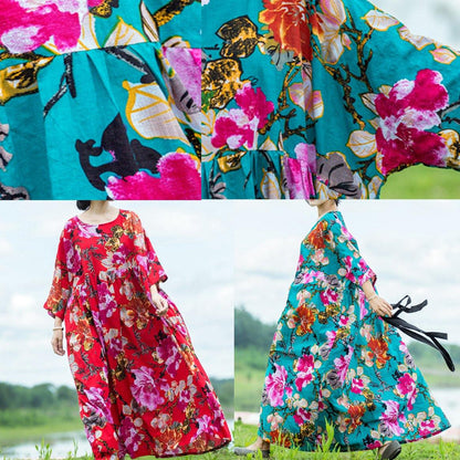 French Red Print Linen Cotton Outfit Extra Large Hem Cinched Loose Summer Dress