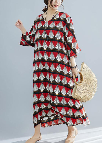 French Red Prints Cotton Tunic Pattern Mom Photography V Neck Traveling Summer Dresses