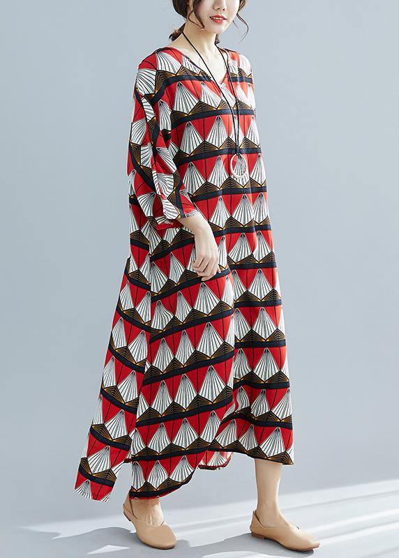 French Red Prints Cotton Tunic Pattern Mom Photography V Neck Traveling Summer Dresses