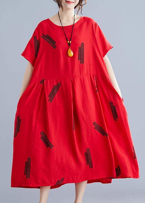 French Red Prints Linen Dresses Cinched Maxi Summer Dress