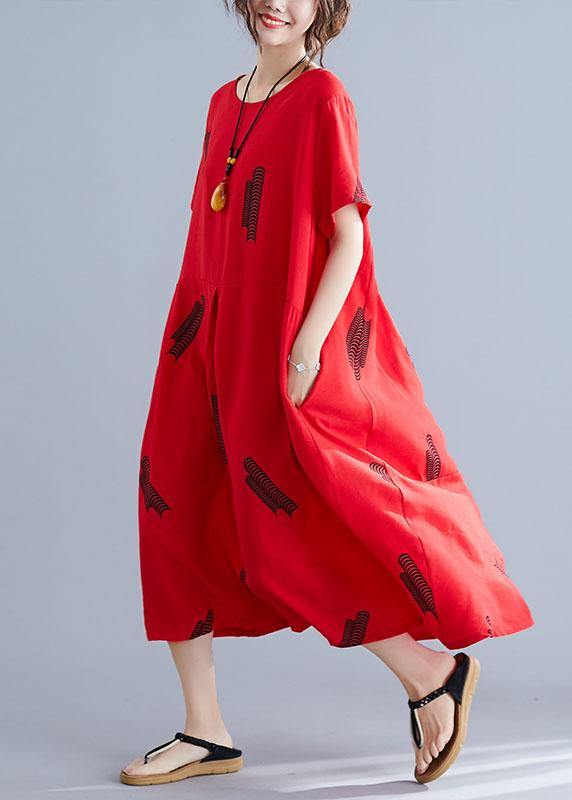 French Red Prints Linen Dresses Cinched Maxi Summer Dress