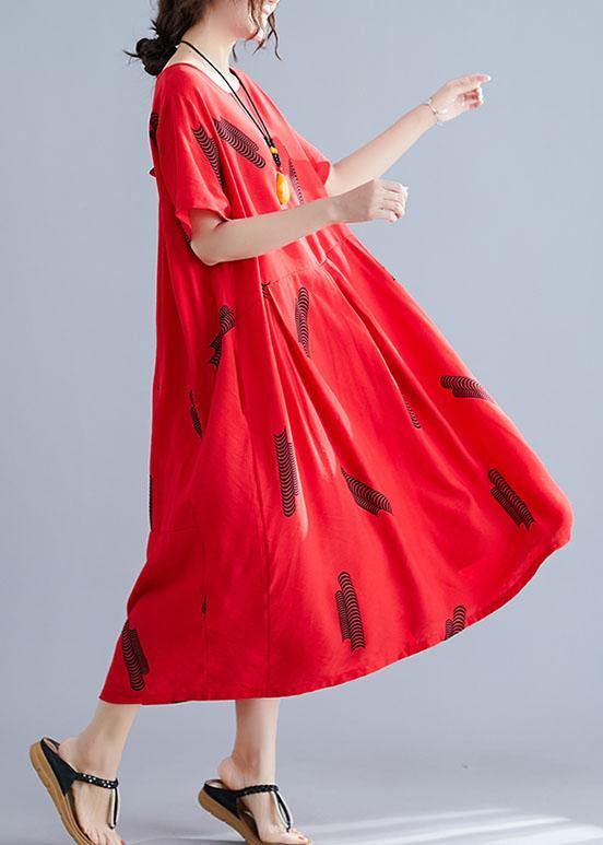French Red Prints Linen Dresses Cinched Maxi Summer Dress