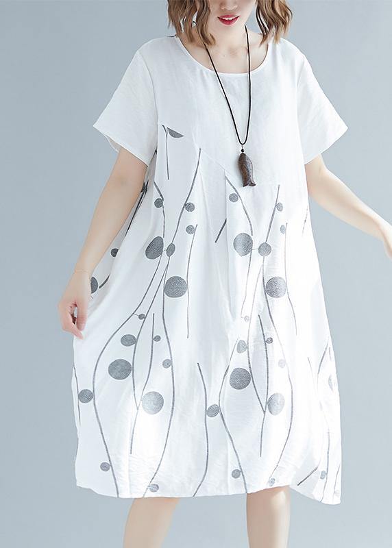 French Short Sleeve Cotton Linen Tunics Fabrics Black Print Dresses Summer