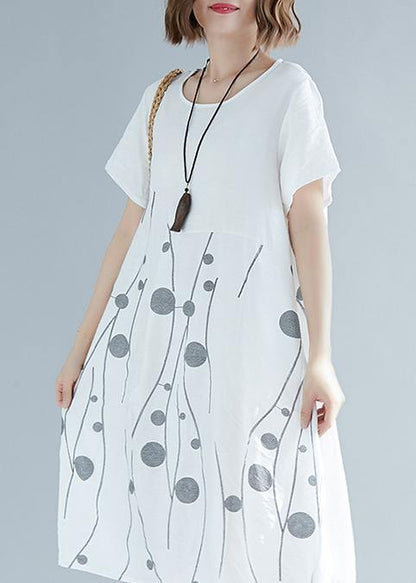 French Short Sleeve Cotton Linen Tunics Fabrics Black Print Dresses Summer