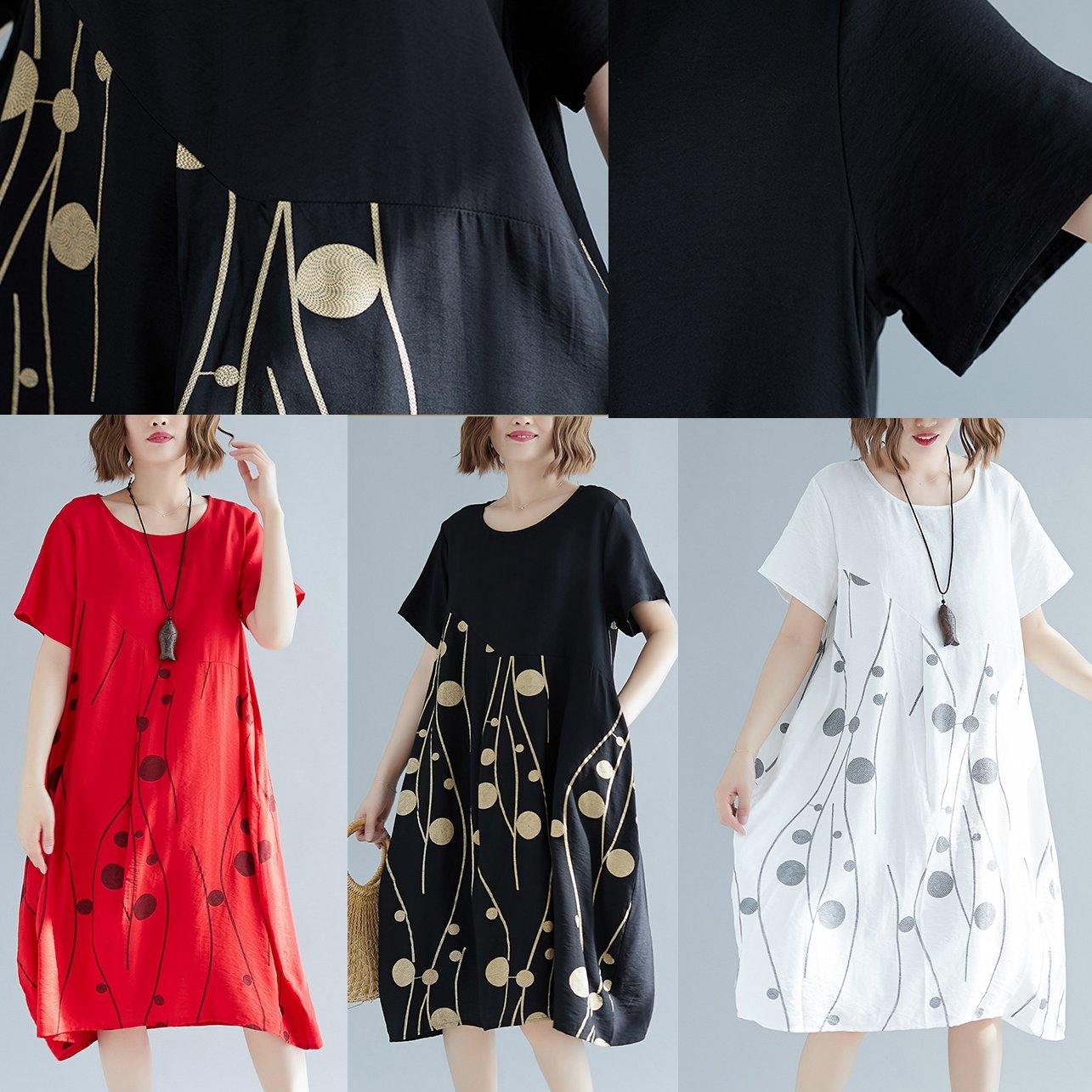 French Short Sleeve Cotton Linen Tunics Fabrics Black Print Dresses Summer
