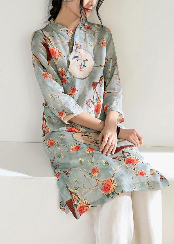 French Side Chinese Button Linen Stand Collar Clothes Runway Light Blue Dresses