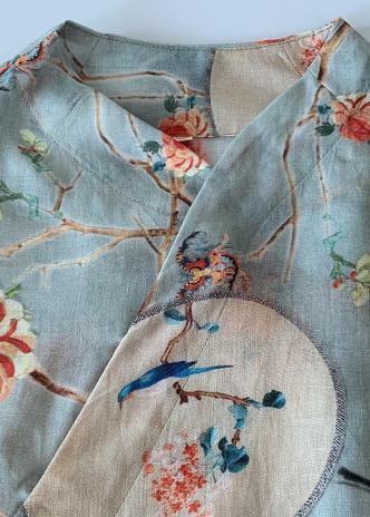 French Side Chinese Button Linen Stand Collar Clothes Runway Light Blue Dresses