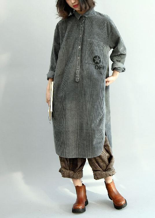 French Side Open Corduroy Clothes Outfits Gray Dress Fall