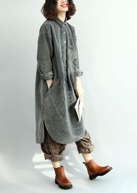 French Side Open Corduroy Clothes Outfits Gray Dress Fall