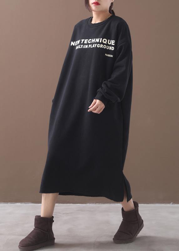 French Side Open Cotton Alphabet Prints Clothes Catwalk Black Winter Cotton Dresses