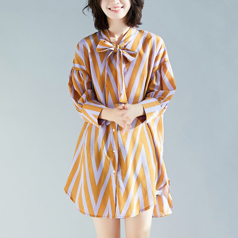 French Side Open Cotton Top Silhouette Organic Photography Yellow Striped Knee Blouse Long Sleeve