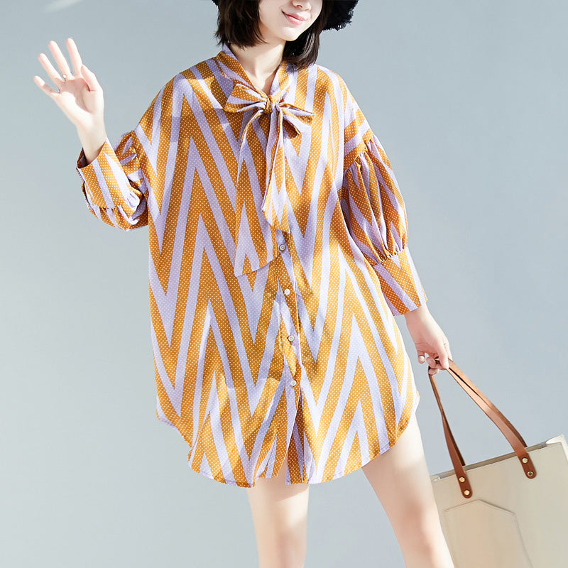 French Side Open Cotton Top Silhouette Organic Photography Yellow Striped Knee Blouse Long Sleeve