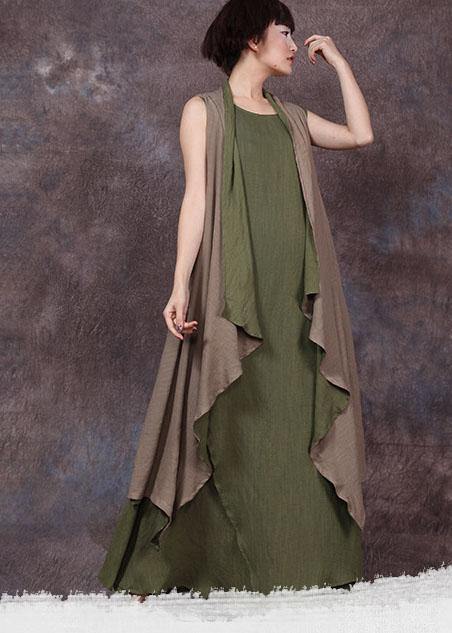 French Sleeveless Linen Long Shirts Runway Green Outwear Summer