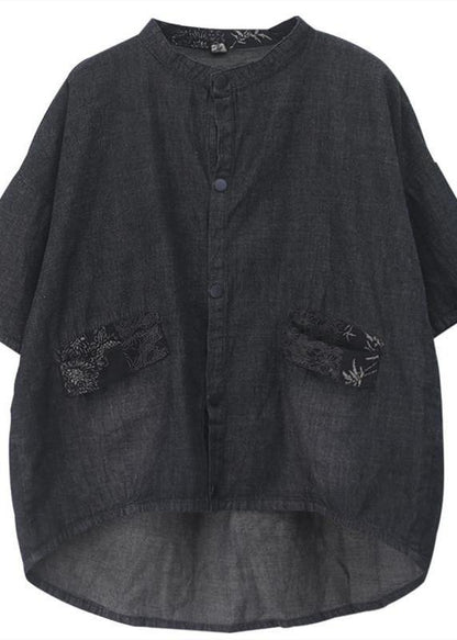 French Stand Colla Pockets Cotton Shirts Work Denim Black Shirt