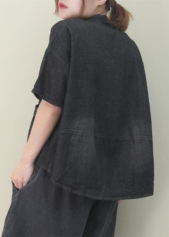 French Stand Colla Pockets Cotton Shirts Work Denim Black Shirt
