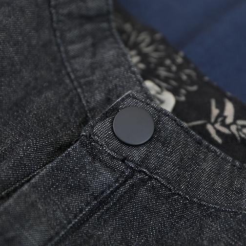 French Stand Colla Pockets Cotton Shirts Work Denim Black Shirt