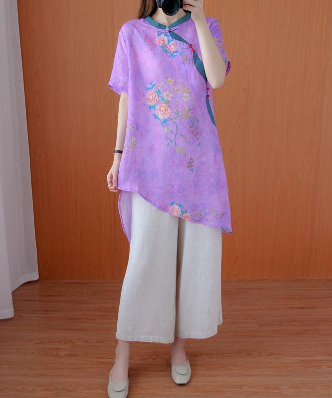 French Stand Collar Asymmetric Tops Work Outfits Purple Print Tops