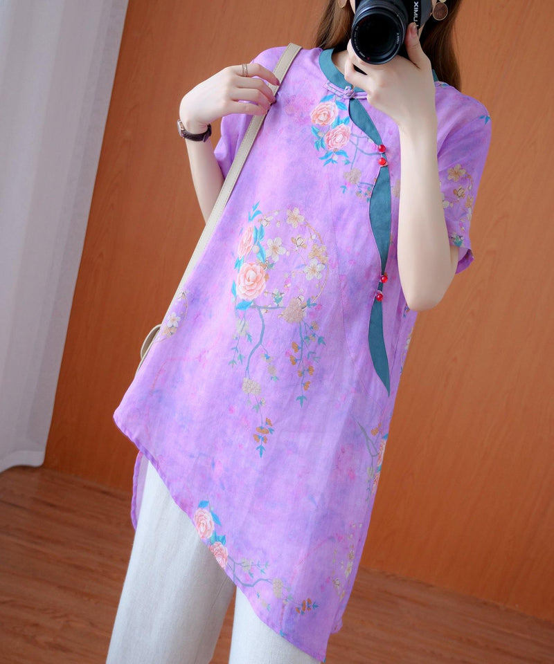 French Stand Collar Asymmetric Tops Work Outfits Purple Print Tops