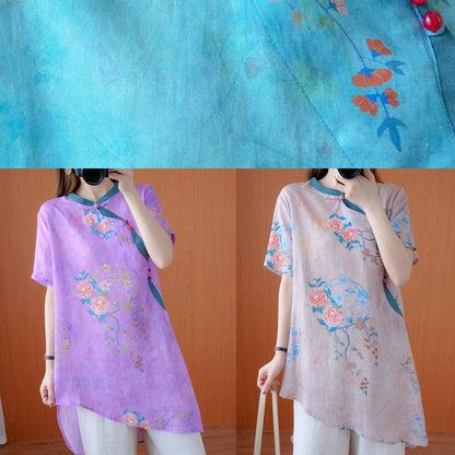 French Stand Collar Asymmetric Tops Work Outfits Purple Print Tops