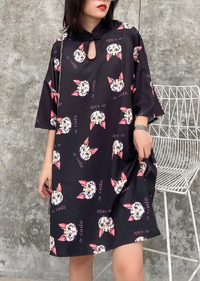 French Stand Collar Outfit Photography Black Kitten Pattern Dresses