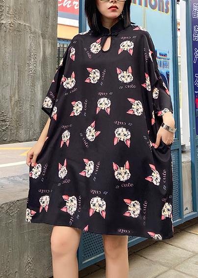 French Stand Collar Outfit Photography Black Kitten Pattern Dresses