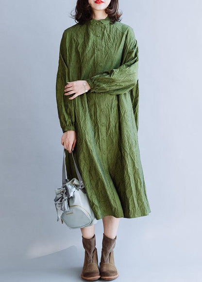 French Stand Collar Cinched Cotton Tunics for Outfits Green Dress Fall