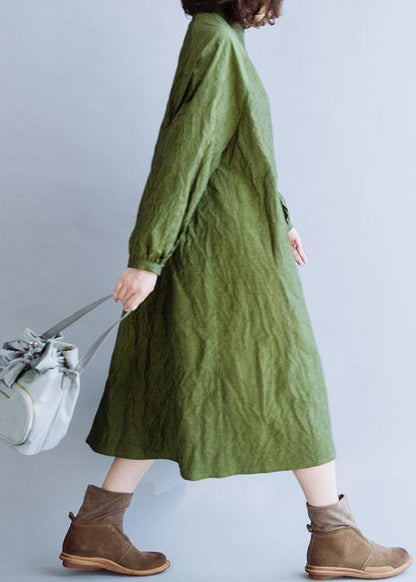 French Stand Collar Cinched Cotton Tunics for Outfits Green Dress Fall