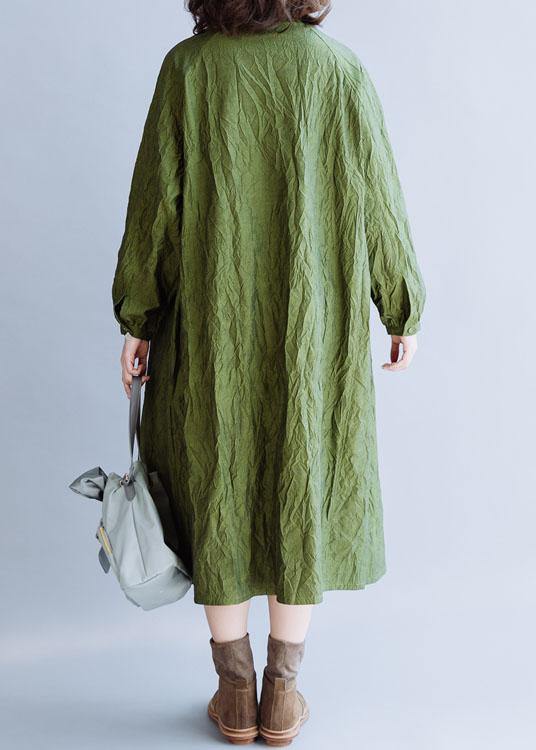 French Stand Collar Cinched Cotton Tunics for Outfits Green Dress Fall