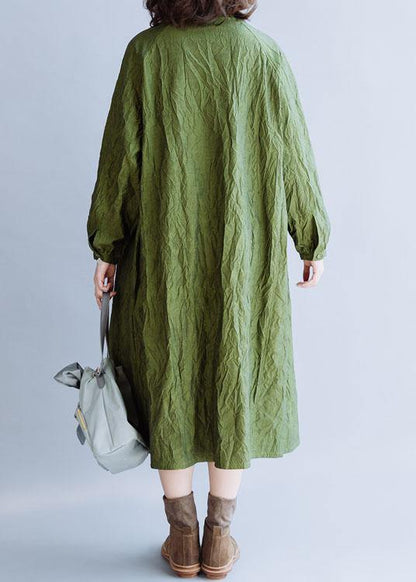 French Stand Collar Cinched Cotton Tunics for Outfits Green Dress Fall