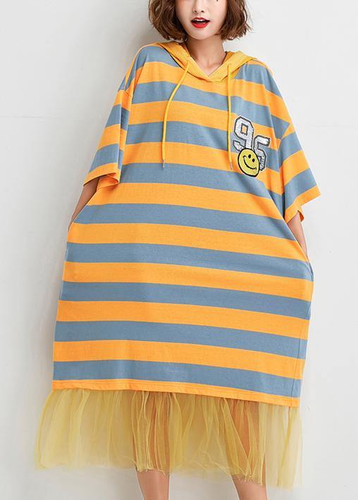 French Striped Cotton Outfit Patchwork Tulle Baggy Summer Dress