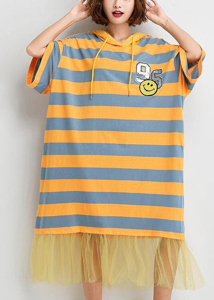 French Striped Cotton Outfit Patchwork Tulle Baggy Summer Dress