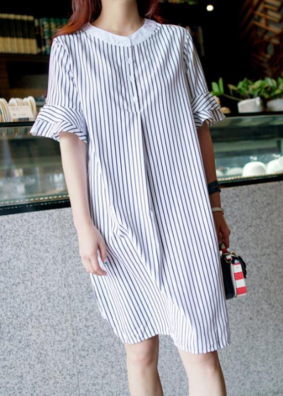 French Striped Cotton Quilting Dresses O Neck Ruffles Midi Dress