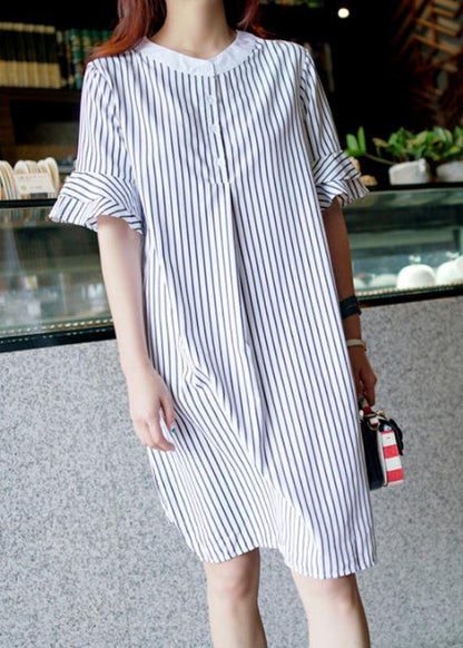 French Striped Cotton Quilting Dresses O Neck Ruffles Midi Dress
