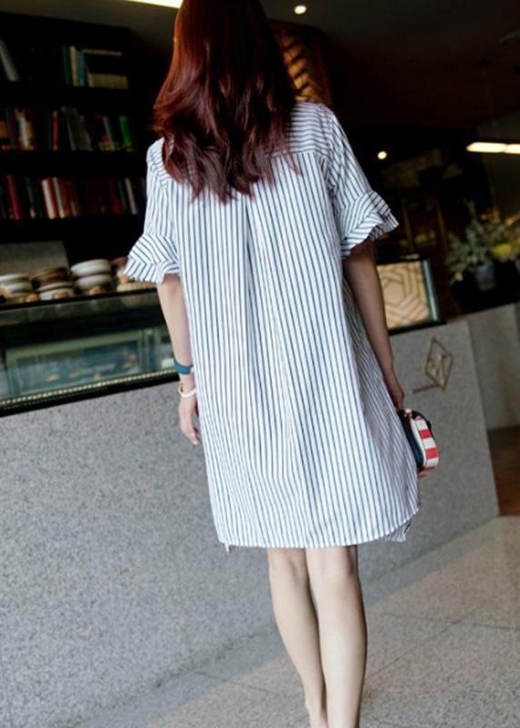 French Striped Cotton Quilting Dresses O Neck Ruffles Midi Dress