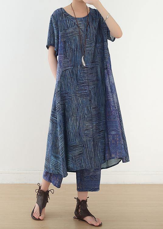 French Two Pieces Linen Clothes Shape Blue Asymmetric Striped Straight Pants Summer