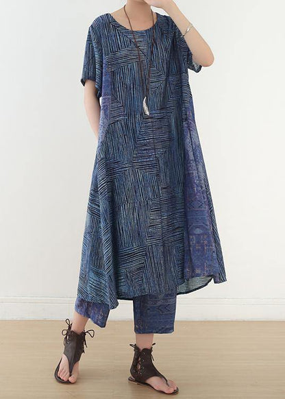 French Two Pieces Linen Clothes Shape Blue Asymmetric Striped Straight Pants Summer