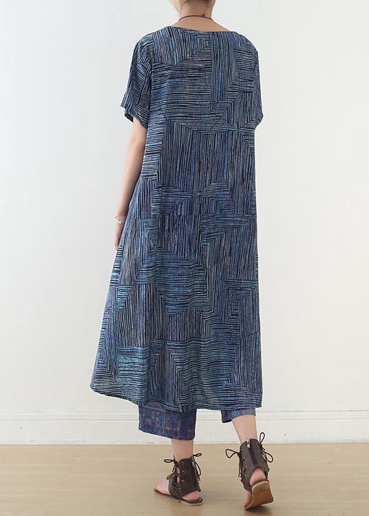French Two Pieces Linen Clothes Shape Blue Asymmetric Striped Straight Pants Summer