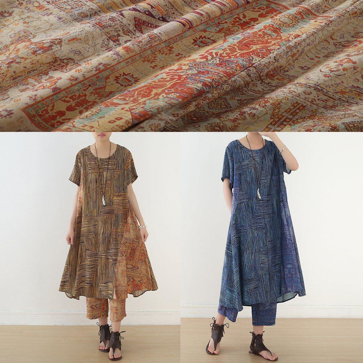 French Two Pieces Linen Clothes Shape Blue Asymmetric Striped Straight Pants Summer