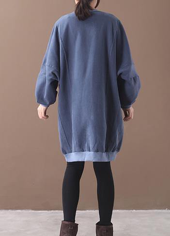 French Two Pockets Cotton O Neck Tunics for Sewing Blue Dress