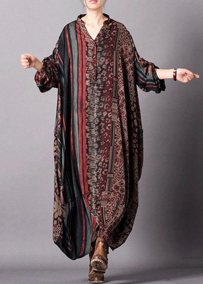 French V Neck Batwing Sleeve Dresses Sleeve Red Print Dress Fall
