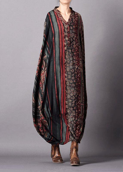 French V Neck Batwing Sleeve Dresses Sleeve Red Print Dress Fall