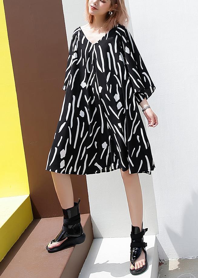 French V Neck Cotton Tunics Pattern Black Striped Dresses Summer
