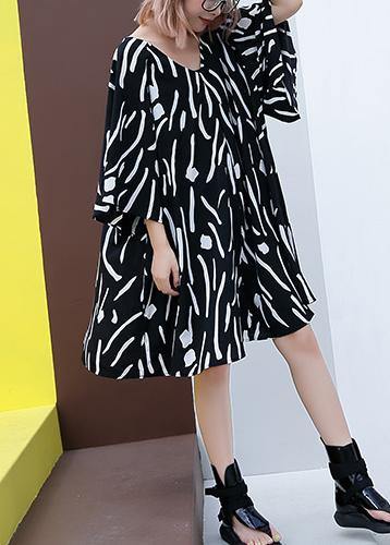 French V Neck Cotton Tunics Pattern Black Striped Dresses Summer