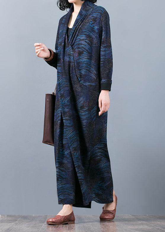 French V Neck Asymmetric Clothes Outfits Blue Print a Line Dress Fall